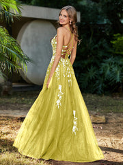 Robe de A-ligne en Tulle à Lacet et Col en V Citron