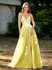 Robe de A-ligne en Tulle à Lacet et Col en V Citron Grande Taille
