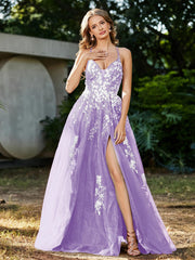 Robe de A-ligne en Tulle à Lacet et Col en V Lilas Grande Taille