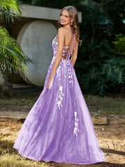 Robe de A-ligne en Tulle à Lacet et Col en V Lilas