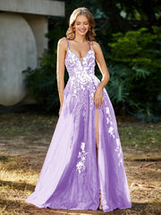 Robe de A-ligne en Tulle à Lacet et Col en V Lilas