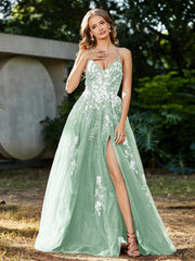 Robe de A-ligne en Tulle à Lacet et Col en V Vert Menthe