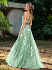Robe de A-ligne en Tulle à Lacet et Col en V Vert Menthe