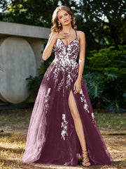 Robe de A-ligne en Tulle à Lacet et Col en V Mûre