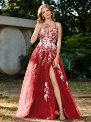 Robe de A-ligne en Tulle à Lacet et Col en V Rouge