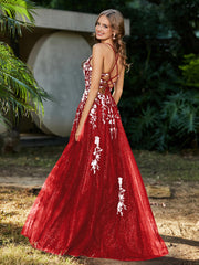 Robe de A-ligne en Tulle à Lacet et Col en V Rouge Grande Taille