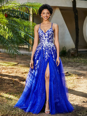 Robe de A-ligne en Tulle à Lacet et Col en V Bleu Royale Grande Taille