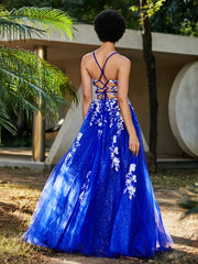 Robe de A-ligne en Tulle à Lacet et Col en V Bleu Royale Grande Taille