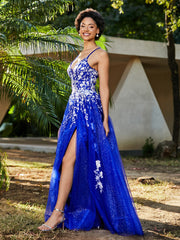 Robe de A-ligne en Tulle à Lacet et Col en V Bleu Royale Grande Taille