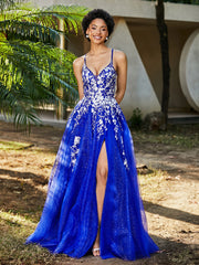 Robe de A-ligne en Tulle à Lacet et Col en V Bleu Royale Grande Taille