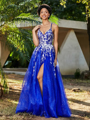 Robe de A-ligne en Tulle à Lacet et Col en V Bleu Royale Grande Taille