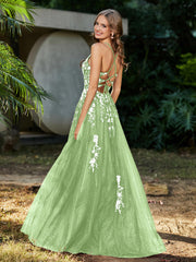 Robe de A-ligne en Tulle à Lacet et Col en V Sauge Grande Taille