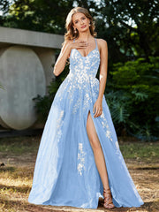 Robe de A-ligne en Tulle à Lacet et Col en V Bleu Ciel