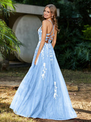 Robe de A-ligne en Tulle à Lacet et Col en V Bleu Ciel