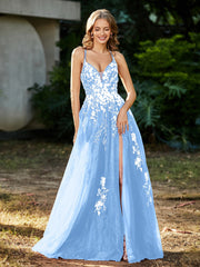 Robe de A-ligne en Tulle à Lacet et Col en V Bleu Ciel Grande Taille