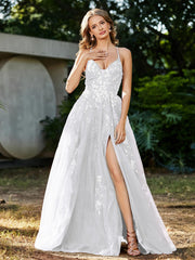 Robe de A-ligne en Tulle à Lacet et Col en V Blanc