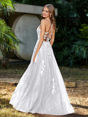 Robe de A-ligne en Tulle à Lacet et Col en V Blanc