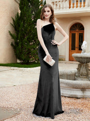 Robe Fourreau en Velours à Une Épaule et Bretelles Spaghetti Noir