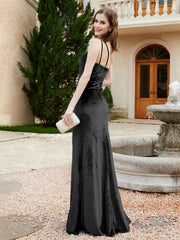 Robe Fourreau en Velours à Une Épaule et Bretelles Spaghetti Noir