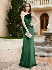 Robe Fourreau en Velours à Une Épaule et Bretelles Spaghetti Vert Foncé Grande Taille