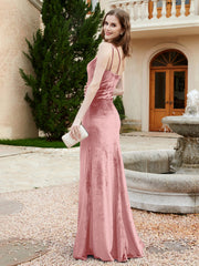 Robe Fourreau en Velours à Une Épaule et Bretelles Spaghetti Rose Poudré