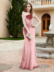 Robe Fourreau en Velours à Une Épaule et Bretelles Spaghetti Rose Poudré Grande Taille