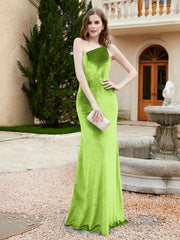 Robe Fourreau en Velours à Une Épaule et Bretelles Spaghetti Vert Citron Grande Taille