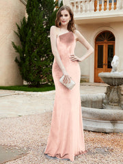 Robe Fourreau en Velours à Une Épaule et Bretelles Spaghetti Rose Perle Grande Taille