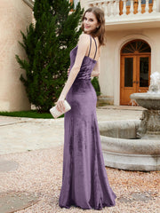 Robe Fourreau en Velours à Une Épaule et Bretelles Spaghetti Plum