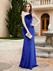 Robe Fourreau en Velours à Une Épaule et Bretelles Spaghetti Bleu Royale