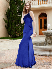 Robe Fourreau en Velours à Une Épaule et Bretelles Spaghetti Bleu Royale