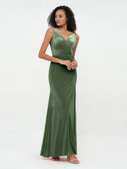 Robes Sirène Maxi en Velours avec Décolleté en V Olive Verte Grande Taille