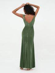 Robes Sirène Maxi en Velours avec Décolleté en V Olive Verte