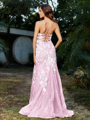 Robe Sirène en Tulle à Lacet et Col en V Rose Pâle Grande Taille