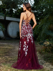 Robe Sirène en Tulle à Lacet et Col en V Bordeaux Grande Taille