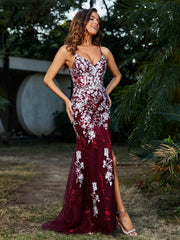 Robe Sirène en Tulle à Lacet et Col en V Bordeaux Grande Taille