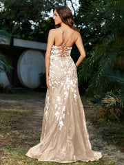 Robe Sirène en Tulle à Lacet et Col en V Champagne Grande Taille