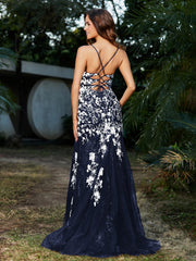 Robe Sirène en Tulle à Lacet et Col en V Bleu Marine