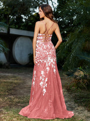 Robe Sirène en Tulle à Lacet et Col en V Flamant