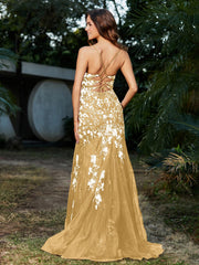 Robe Sirène en Tulle à Lacet et Col en V Or
