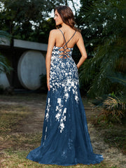 Robe Sirène en Tulle à Lacet et Col en V Bleu Encre