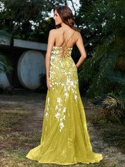 Robe Sirène en Tulle à Lacet et Col en V Citron Grande Taille
