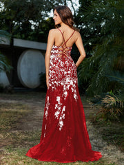 Robe Sirène en Tulle à Lacet et Col en V Rouge