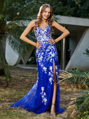 Robe Sirène en Tulle à Lacet et Col en V Bleu Royale