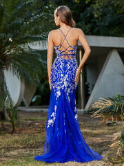 Robe Sirène en Tulle à Lacet et Col en V Bleu Royale Grande Taille