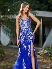 Robe Sirène en Tulle à Lacet et Col en V Bleu Royale Grande Taille