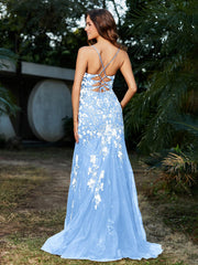 Robe Sirène en Tulle à Lacet et Col en V Bleu Ciel