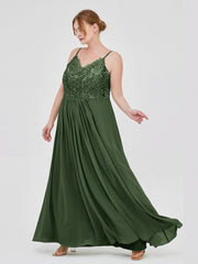 Dentelle Et Mousseline Robes Longues Avec Spaghetti Bretelles Olive Verte