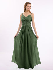 Dentelle Et Mousseline Robes Longues Avec Spaghetti Bretelles Olive Verte