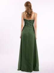 Dentelle Et Mousseline Robes Longues Avec Spaghetti Bretelles Olive Verte